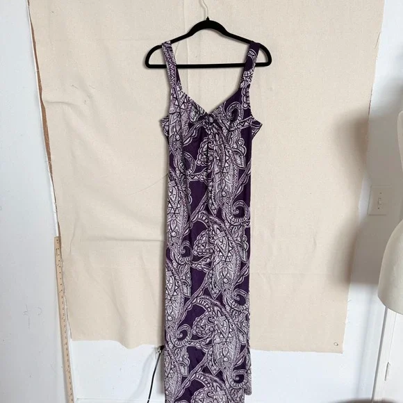 INC International Concepts Purple Paisley Maxi Dress Womens Large V-Neck Stretch - Picture 2 of 5